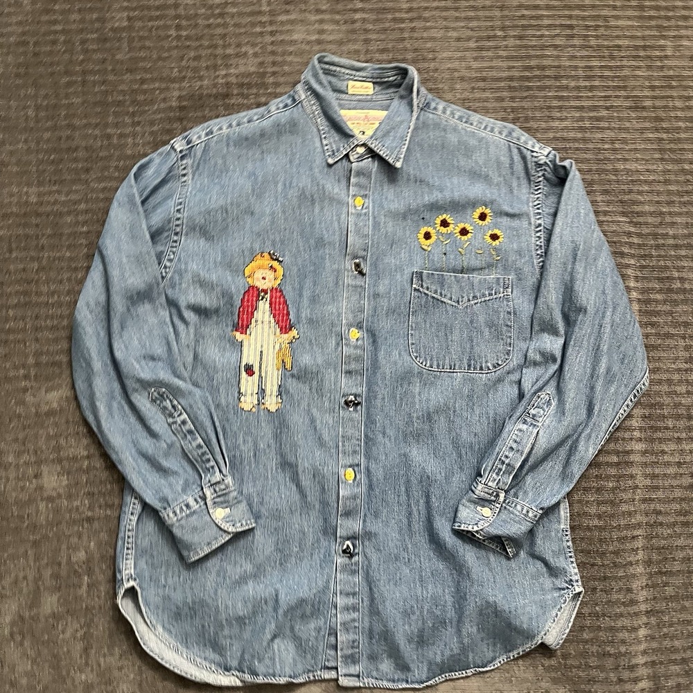 Vintage 90's Fall Denim Long Sleeve Embroidered Shirt Scarecrow Sunflowers XL